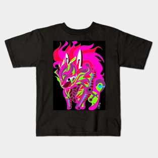 wild rabbit kaiju ecopop in rainbow flames art Kids T-Shirt